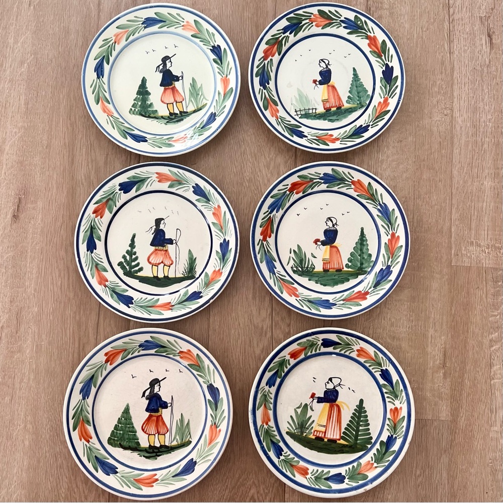 Antique 1895-1922 Mark Henriot Quimper 6 PCs Salad Plates 8” Petit‎ Breton RARE